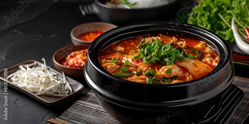 Highquality wallpaper with Korean kimchi jjigae on a beautifully set table. Concept Korean Cuisine, Kimchi Jjigae, Food Photography, Culinary Art, Table Setting,