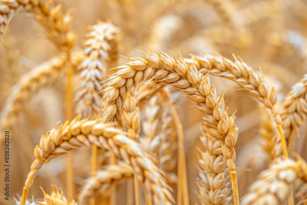 Closeup of golden wheat stalks ready for harvest