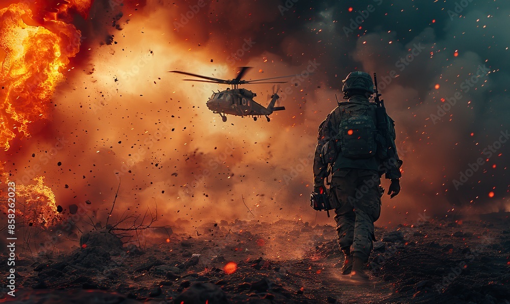 Warzone destruction panorama with smoke, fire, and military chopper waiting for extraction. illustration images Warzone destruction panorama with smoke, fire, and military chopper waiting for extraction. illustration images