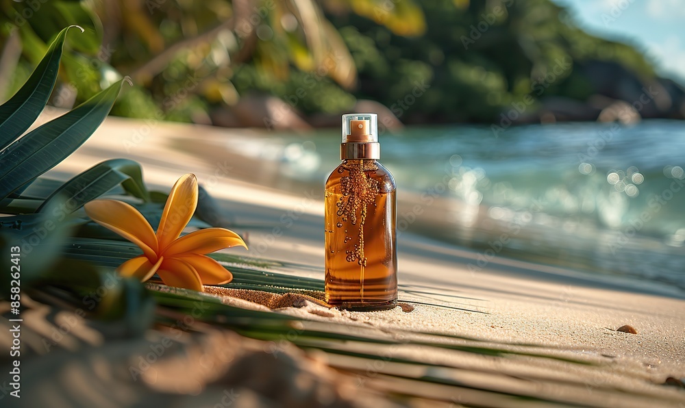 Sandy beach banner mockup featuring cosmetic or tanning oil, with ample space for branding and messaging. illustration images Sandy beach banner mockup featuring cosmetic or tanning oil, with ample space for branding and messaging. illustration images