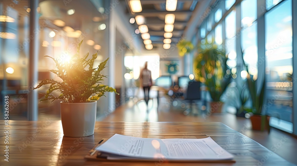 A modern office table with neatly placed documents and a potted plant, suffused with bright sunlight through glass walls, blending nature with business elements. A modern office table with neatly placed documents and a potted plant, suffused with bright sunlight through glass walls, blending nature with business elements.