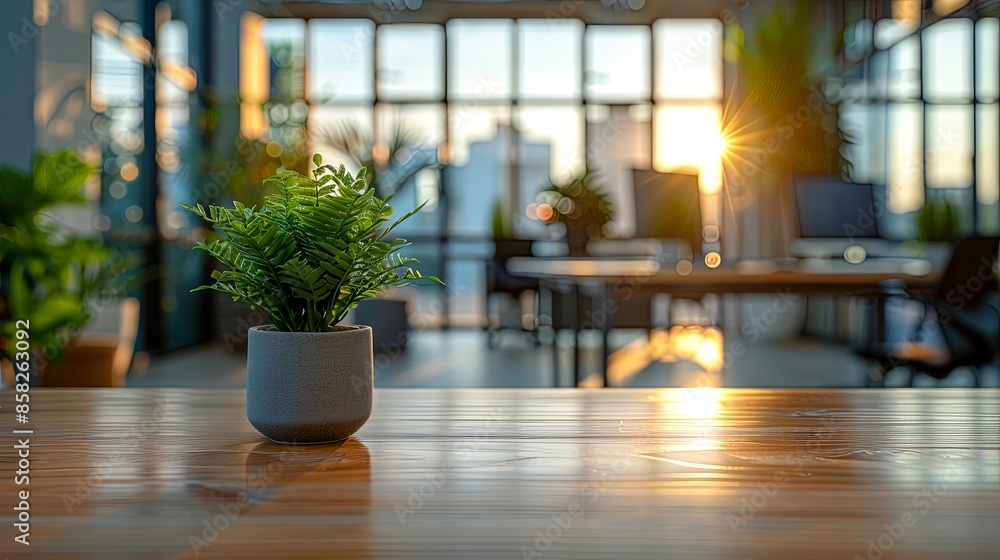 A small green plant sits in a pot on a wooden table, bathed in sunlight, within a contemporary office space filled with natural light and large windows. A small green plant sits in a pot on a wooden table, bathed in sunlight, within a contemporary office space filled with natural light and large windows.