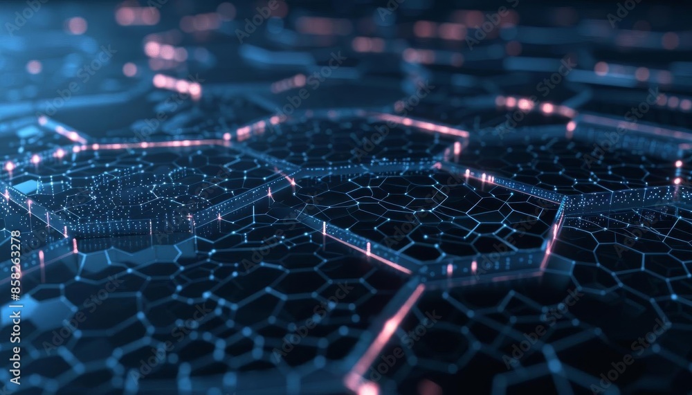 Obraz premium Connected hexagons on a dark blue digital technology background