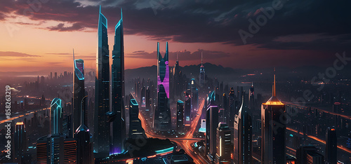 Futuristic city skyline cyberpunk technology sci-fi architecture