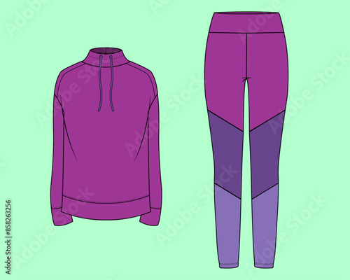 Ladies activewear funnel neck sweatshirt leggings Set - Fashion Flat Sketch vector.