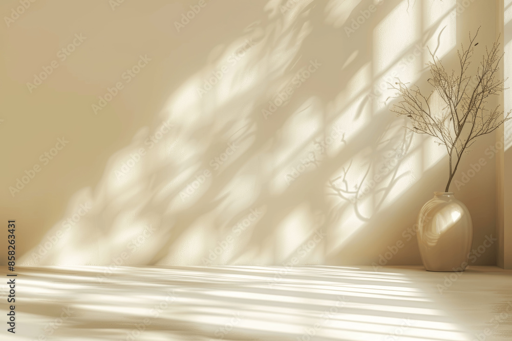 Minimalistic Abstract Gentle Light Beige Background for Product Presentation with Shadows from Window and Vegetation on Wall Minimalistic Abstract Gentle Light Beige Background for Product Presentation with Shadows from Window and Vegetation on Wall