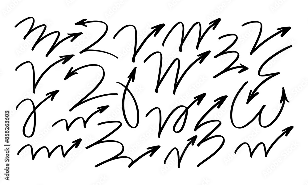 Twenty hand drawn jumping arrows of different shapes and lengths. Doodles and squiggles. Vector set Twenty hand drawn jumping arrows of different shapes and lengths. Doodles and squiggles. Vector set
