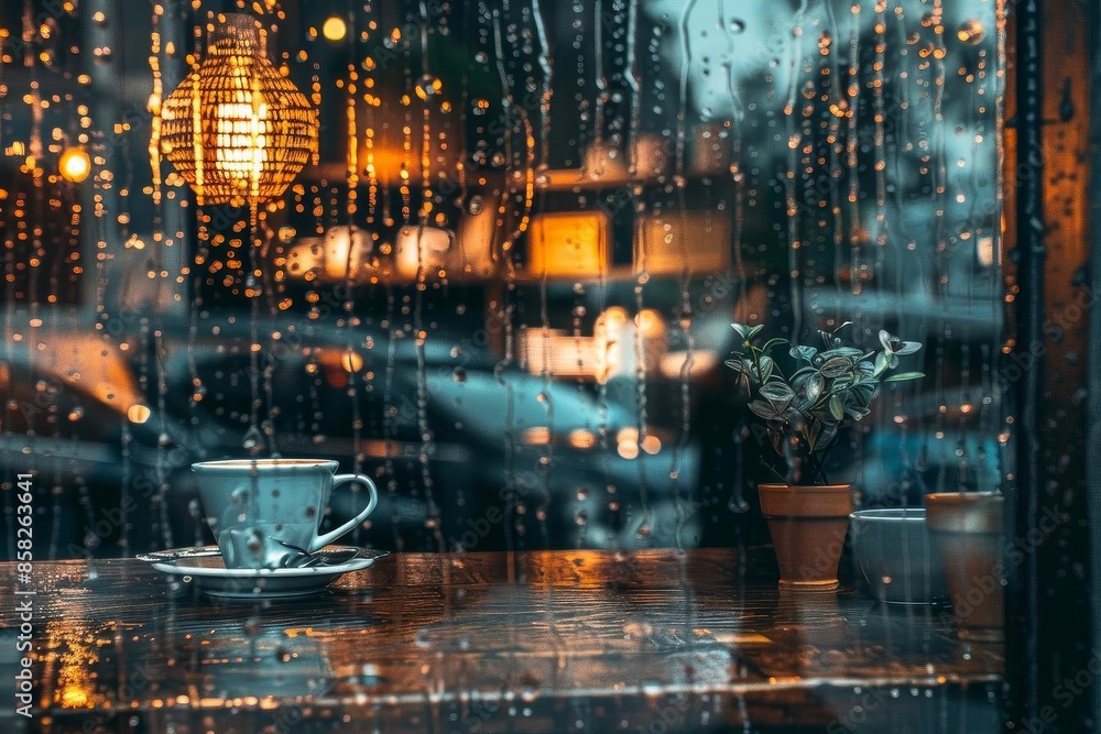 Craft a cafe window from a tilted angle view on a rainy day, showcasing rain streaming down the glass, warm light spilling out, and cozy interior details inviting viewers in, Craft a cafe window from a tilted angle view on a rainy day, showcasing rain streaming down the glass, warm light spilling out, and cozy interior details inviting viewers in,