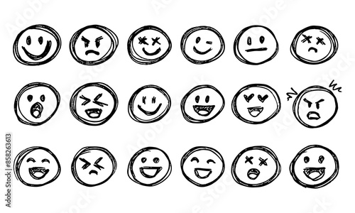 Eighteen Handwritten Emoji. Various Emotions. Doodles and Squiggles. Vector Set