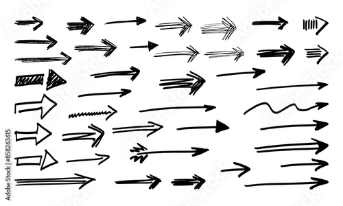 Forty hand drawn arrows of different types, shapes and lengths. Doodles and squiggles. Vector set