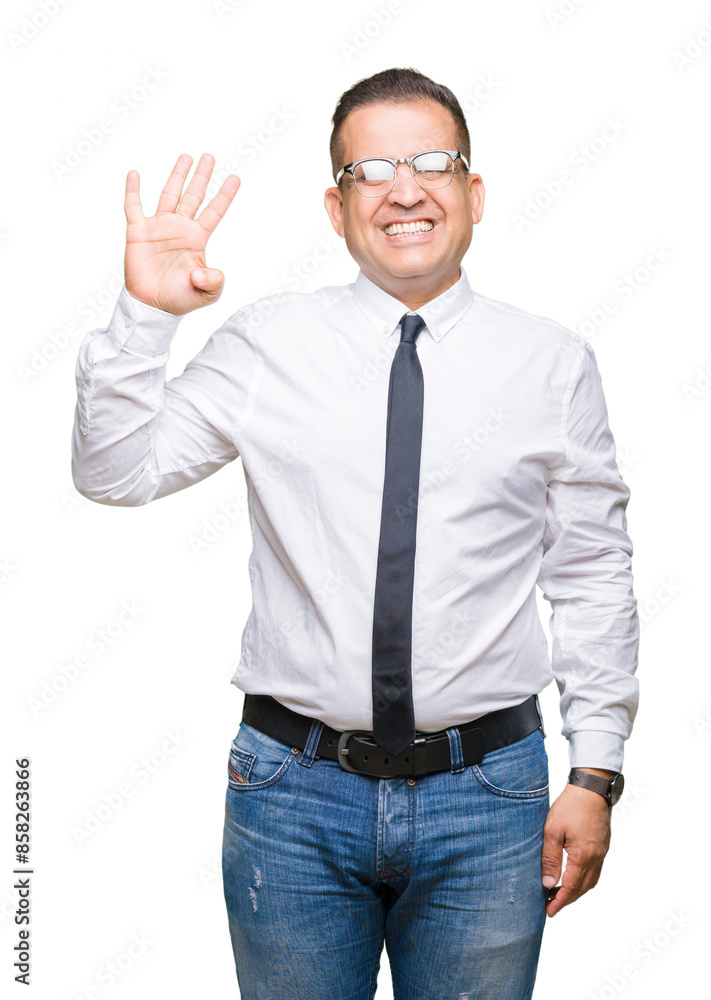Middle age bussines arab man wearing glasses over isolated background showing and pointing up with fingers number four while smiling confident and happy. Middle age bussines arab man wearing glasses over isolated background showing and pointing up with fingers number four while smiling confident and happy.