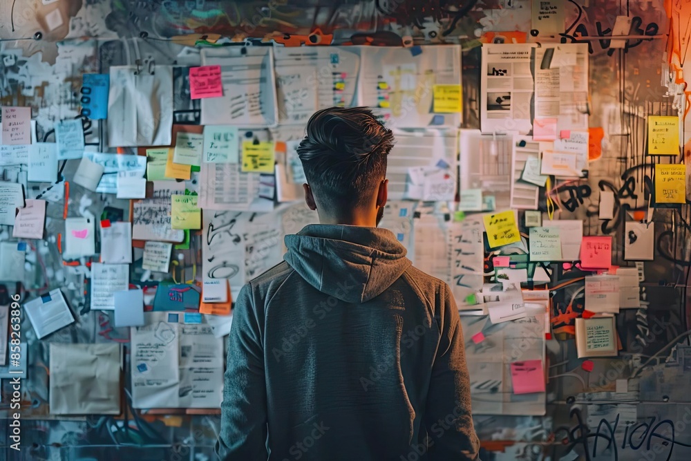 Young man standing in front of a wall covered with notes and papers, contemplating ideas and brainstorming inspiration.