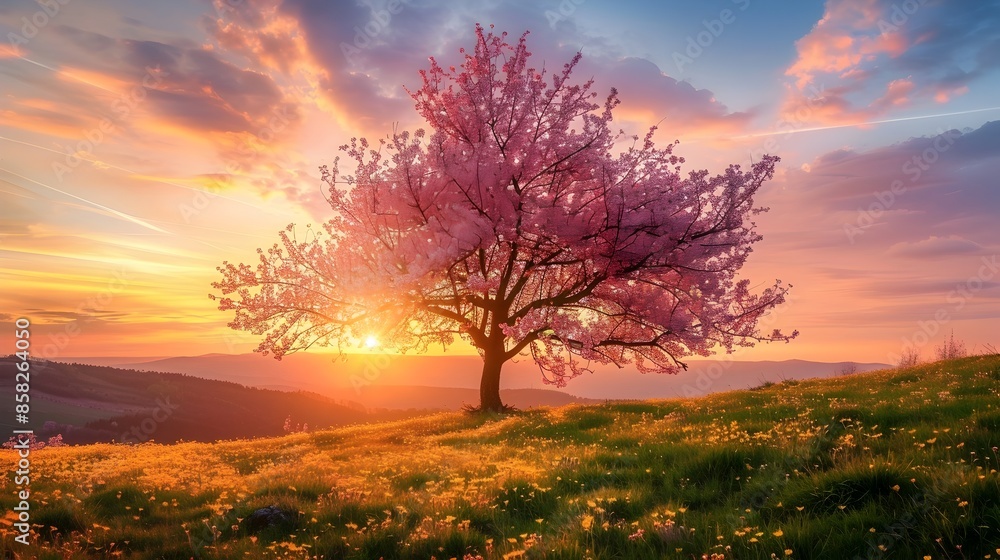 Vibrant Spring Cherry Blossom Tree in Stunning Sunset Landscape Vibrant Spring Cherry Blossom Tree in Stunning Sunset Landscape
