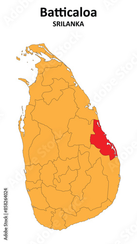 Fényképezés Batticaloa Map is highlighted on the Srilanka map with detailed state and region outlines