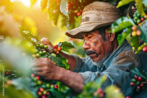 Aged Farmer Harvesting Coffee Beans in Vibrant, Sunlit Plantation During Early Morning Hours Dedicated Agrarian Sustaining Traditional Crops with Hard Work and Expertise in Agriculture and Farming photo