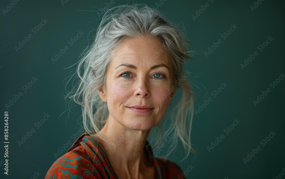 A woman with gray hair and a red shirt is smiling. She has a pleasant expression on her face A woman with gray hair and a red shirt is smiling. She has a pleasant expression on her face
