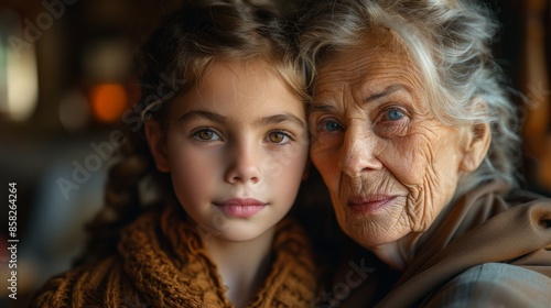 A young girl and an elderly woman with white hair and wrinkled skin, both looking directly at the camera, capturing a heartfelt moment between different generations in warm light. © svastix
