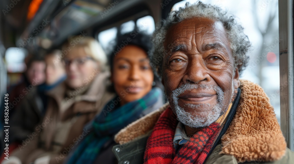 An elderly man with gray hair and a red scarf, seated on a bus, with other passengers slightly out of focus in the background, presenting a serene and thoughtful expression. An elderly man with gray hair and a red scarf, seated on a bus, with other passengers slightly out of focus in the background, presenting a serene and thoughtful expression.