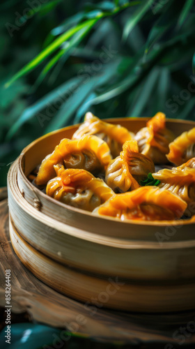 Delicious Steamed Dumplings in a Bamboo Steamer on a Wooden Table Surrounded by Lush Green Leaves Perfect for Food Blogs, Culinary Articles, and Authentic Asian Cuisine Photography Projects photo