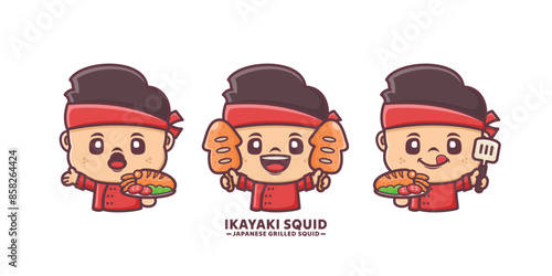 set mascot cartoon with japanese food ikayaki squid
