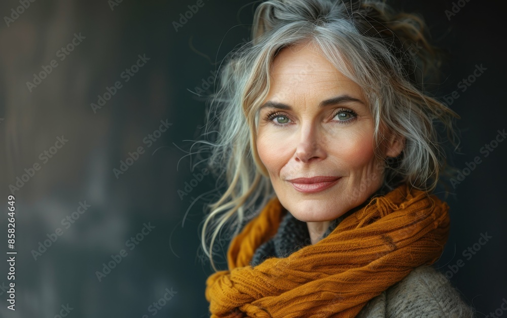 A woman with gray hair and a scarf on her neck. She is smiling and looking at the camera A woman with gray hair and a scarf on her neck. She is smiling and looking at the camera