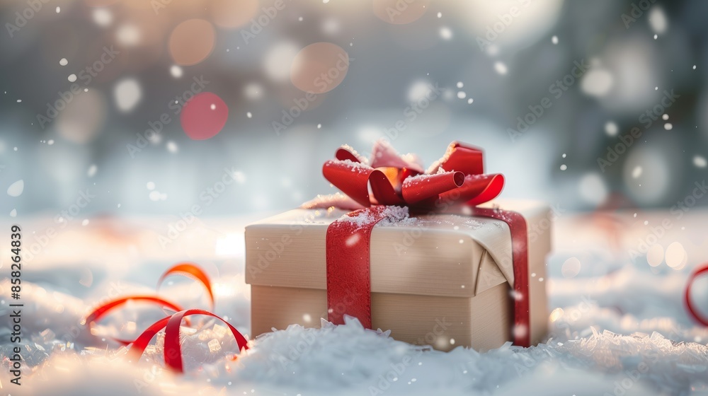 Gift Box With Red Ribbon In The Snow On A Winter Day Gift Box With Red Ribbon In The Snow On A Winter Day