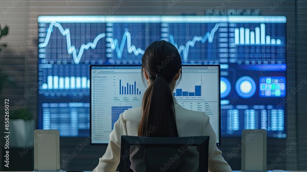Woman analyzing financial data on computer screens in modern office with graphs and charts, business technology concept. Woman analyzing financial data on computer screens in modern office with graphs and charts, business technology concept.