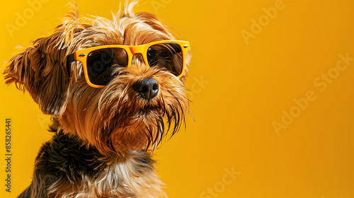 Boxer dog wearing sunglasses while standing on an isolated yellow background. © Jan