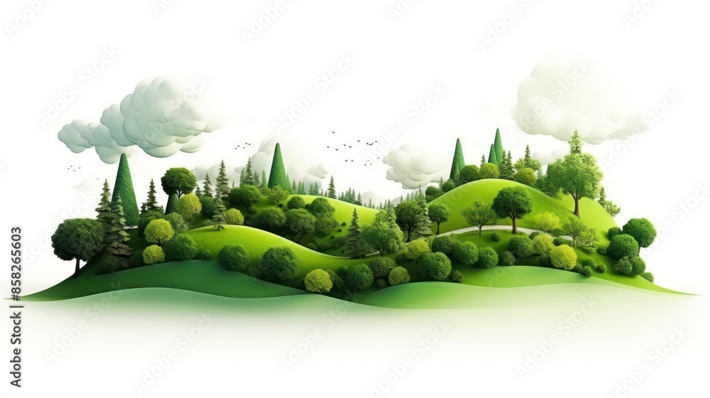 Naklejka premium green landscape isolated on white background, nature, mountain, trees, sky, forest, background, hill, watercolor, scenery, morning, summer, travel, recreation, relax