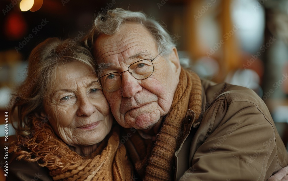 A man and woman are hugging each other. The man is wearing glasses and the woman is wearing a scarf A man and woman are hugging each other. The man is wearing glasses and the woman is wearing a scarf