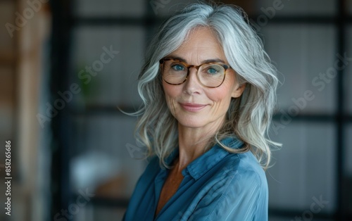 A woman with long gray hair and glasses is smiling for the camera. She is wearing a blue shirt and she is in a happy mood