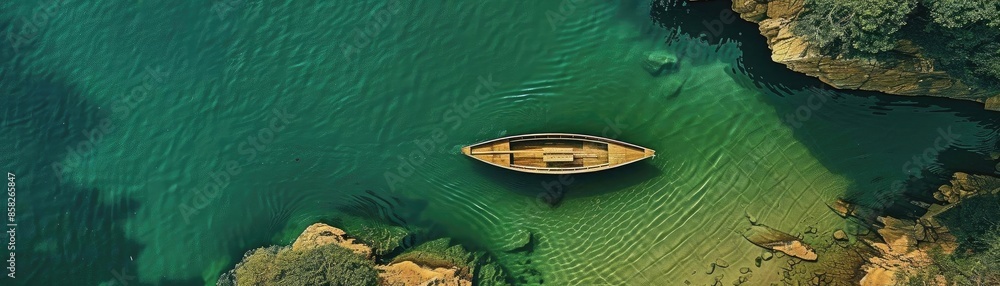 Obraz premium Aerial view of a rowboat floating in clear, green water surrounded by rocks and lush vegetation, creating a serene and picturesque scene.