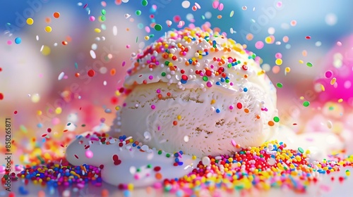 Craft a digital rendering of a wide-angle perspective capturing the moment colorful sprinkles delicately shower over a scoop of ice cream