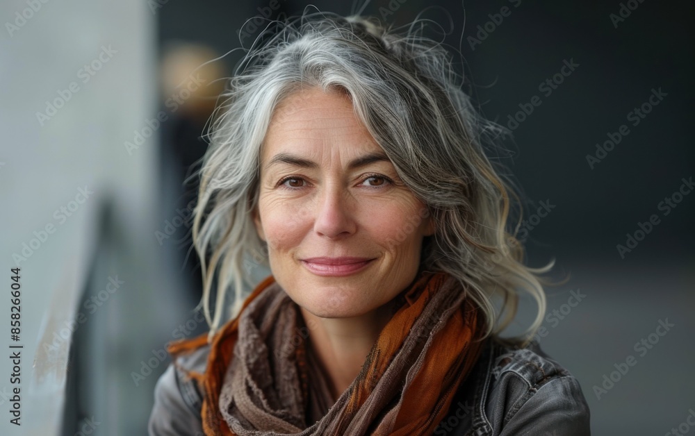 A woman with gray hair is smiling and wearing a scarf. She looks happy and content. The scarf is orange and adds a pop of color to her outfit A woman with gray hair is smiling and wearing a scarf. She looks happy and content. The scarf is orange and adds a pop of color to her outfit