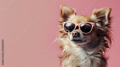 Boxer dog wearing sunglasses while standing on an isolated light red background. © Jan