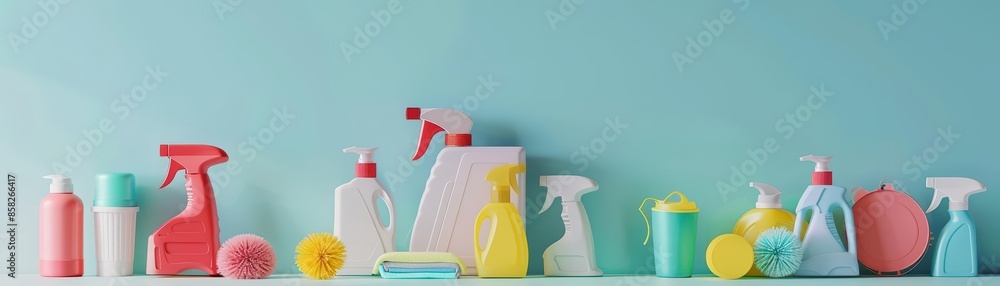 A minimalist model of cleaning supplies arranged in a visually appealing pattern, with a clean, crisp background Banner for cleaning services A minimalist model of cleaning supplies arranged in a visually appealing pattern, with a clean, crisp background Banner for cleaning services