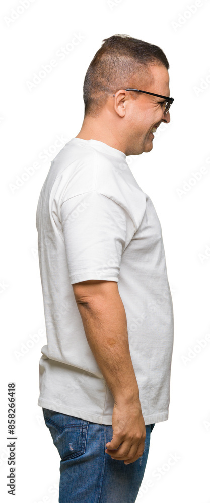 Middle age arab man wearig white t-shirt and sunglasses over isolated background looking to side, relax profile pose with natural face with confident smile. Middle age arab man wearig white t-shirt and sunglasses over isolated background looking to side, relax profile pose with natural face with confident smile.