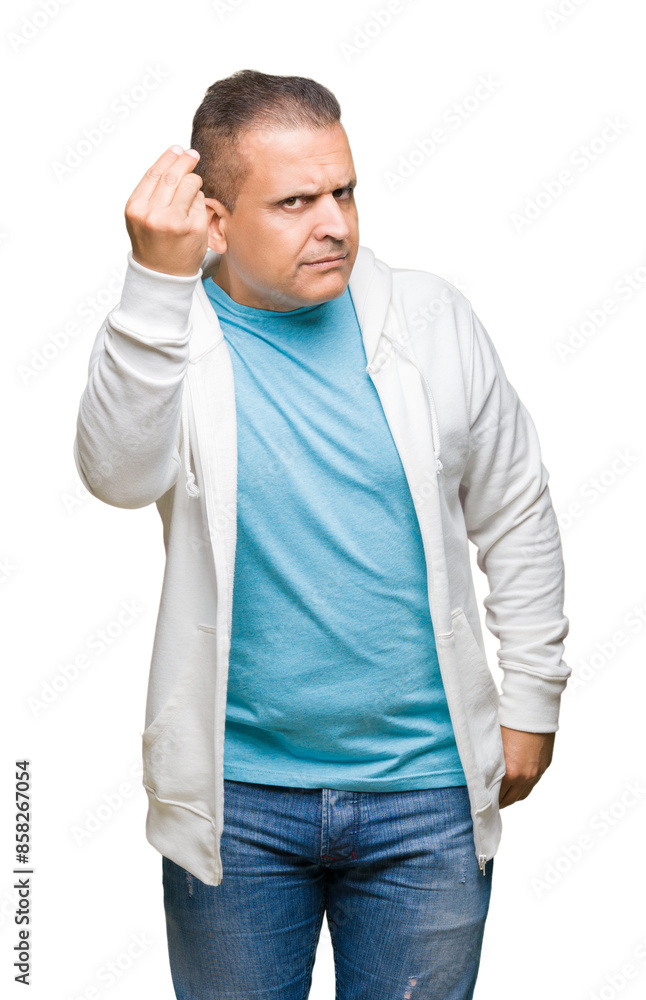 Middle age arab man wearing sweatshirt over isolated background Doing Italian gesture with hand and fingers confident expression Middle age arab man wearing sweatshirt over isolated background Doing Italian gesture with hand and fingers confident expression