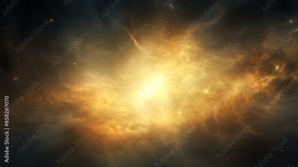 Fototapeta premium A nebula, a vast cloud of gas and dust in space, glowing with a soft, ethereal yellow light.