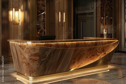 Craft a photorealistic 3D model of a high-end hotel lobbys side desk for reservations, emphasizing luxury and elegance, photo