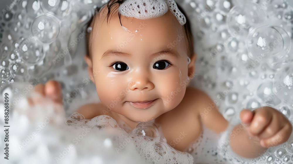 Asian baby smile and bath in a bubble bath with soapy bubbles. joyful bathing kid, daily routine washing baby. Asian baby smile and bath in a bubble bath with soapy bubbles. joyful bathing kid, daily routine washing baby.