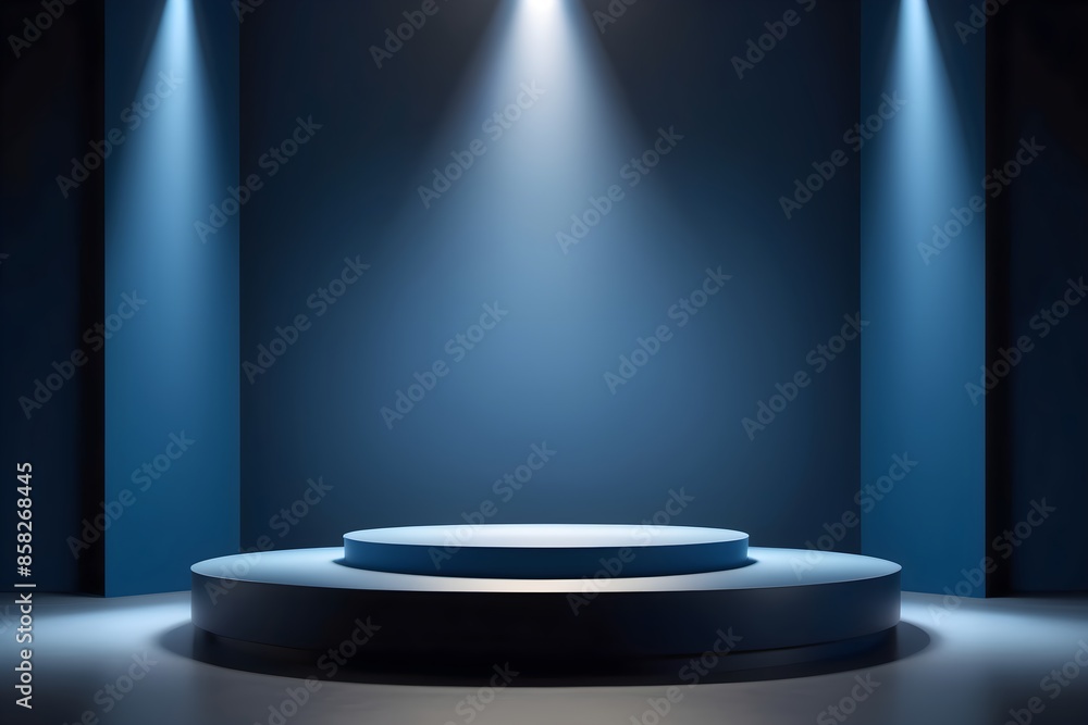 Blank blue round podium illuminated with spotlight. Perfect background for product presentation. Blank blue round podium illuminated with spotlight. Perfect background for product presentation.
