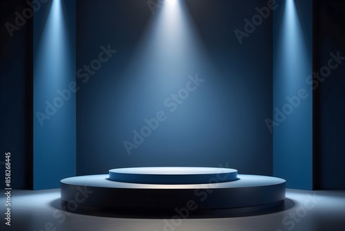 Blank blue round podium illuminated with spotlight. Perfect background for product presentation.
