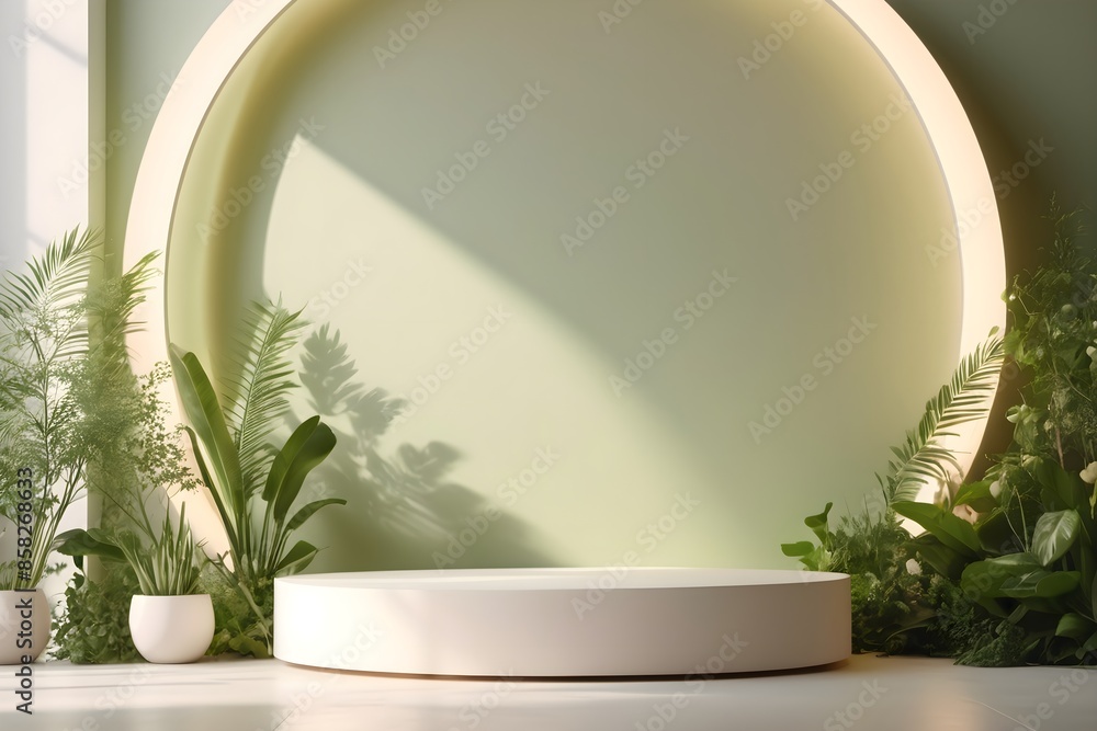 Blank round podium against a green wall with natural light and green leaves. Perfect platform for presenting organic skincare cosmetics. Blank round podium against a green wall with natural light and green leaves. Perfect platform for presenting organic skincare cosmetics.