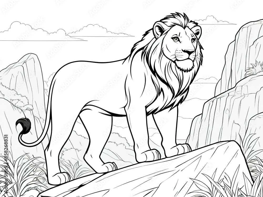 Obraz premium A coloring book of a lion standing majestically on a rock. Vector illustration.