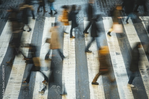 Hectic city street crossing: blurry people on the move photo