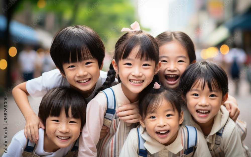 A group of children are smiling and hugging each other. Scene is happy and joyful A group of children are smiling and hugging each other. Scene is happy and joyful