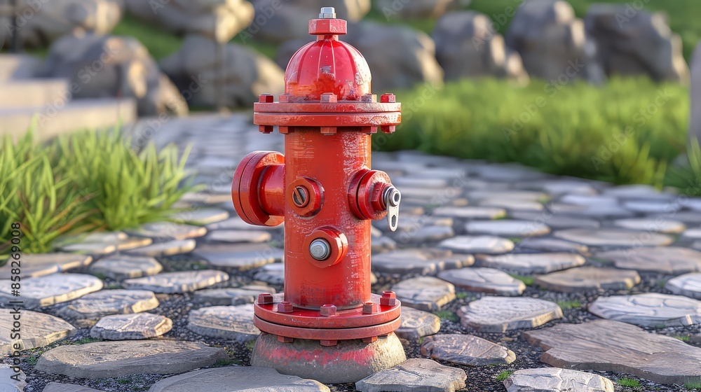 City sidewalk with a red fire hydrant. City sidewalk with a red fire hydrant.