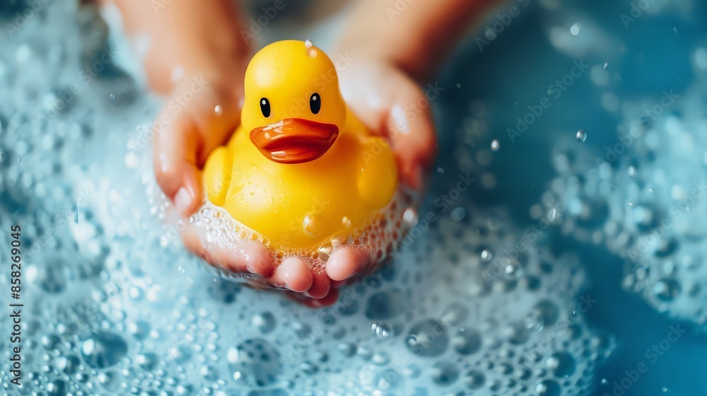 Child hands holding yellow rubber duck in bubble bath on pastel blue background. Child hands holding yellow rubber duck in bubble bath on pastel blue background.