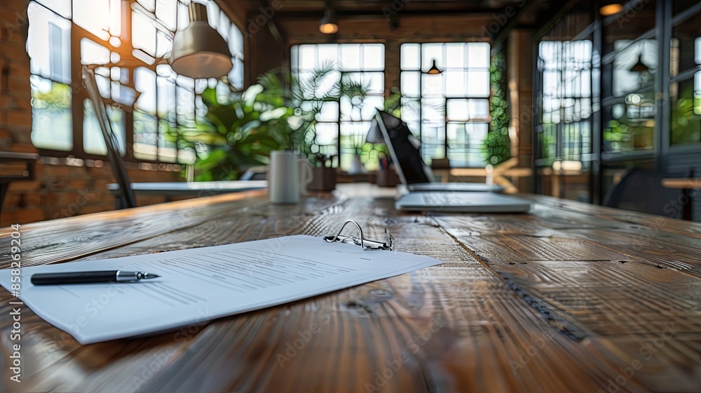 A rustic-themed office space with a wooden table, an open laptop, a pen, documents, and ambient light, creating a warm and inviting atmosphere. A rustic-themed office space with a wooden table, an open laptop, a pen, documents, and ambient light, creating a warm and inviting atmosphere.